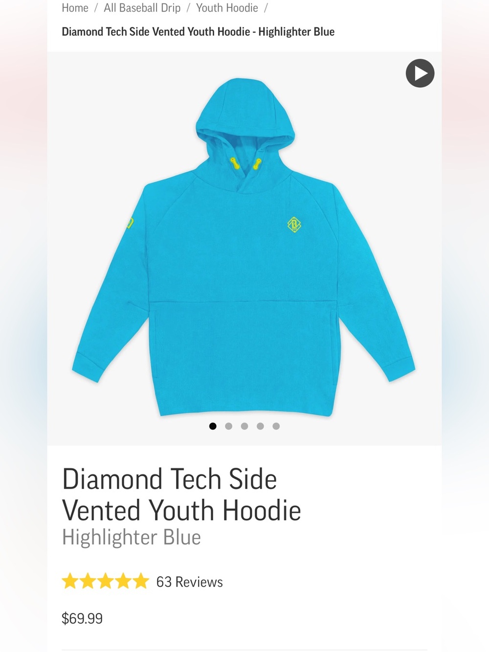 Baseball Lifestyle diamond tech side vented youth hoodie size yl
